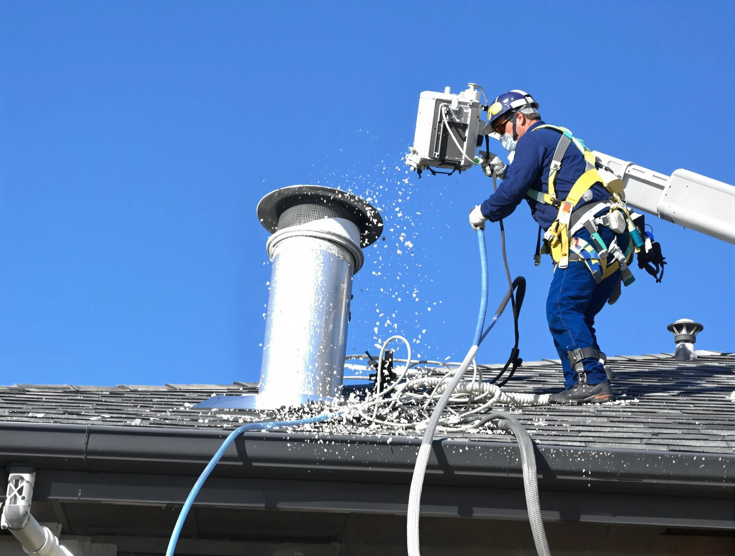 Hampton Dryer Vent Cleaning certified technician safely cleaning a roof-mounted dryer vent in Hampton